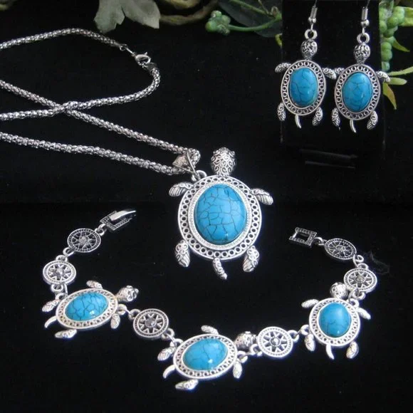 Turtle Pendant Necklace, Bracelet & Earrings faux turquoise silvertone setting - Picture 1 of 4
